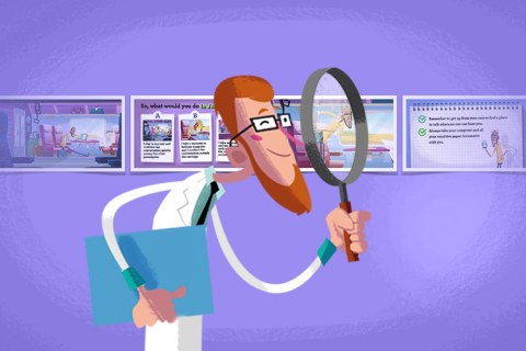 Personnage en blouse blanche examinant des documents à l’aide d’une loupe