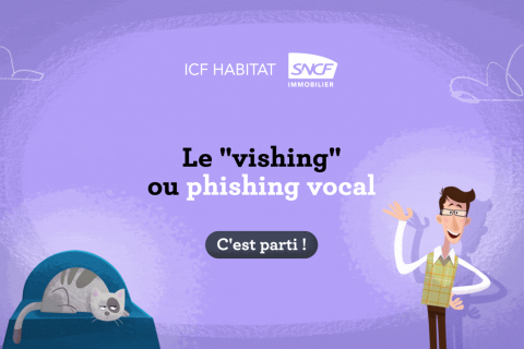 Illustration d’un personnage enseignant sur le vishing, avec le texte 'le vishing : ou phishing vocal'