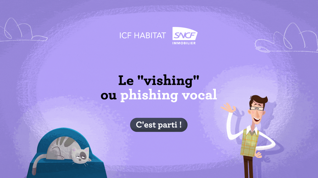Illustration d’un personnage enseignant sur le vishing, avec le texte 'le vishing : ou phishing vocal'