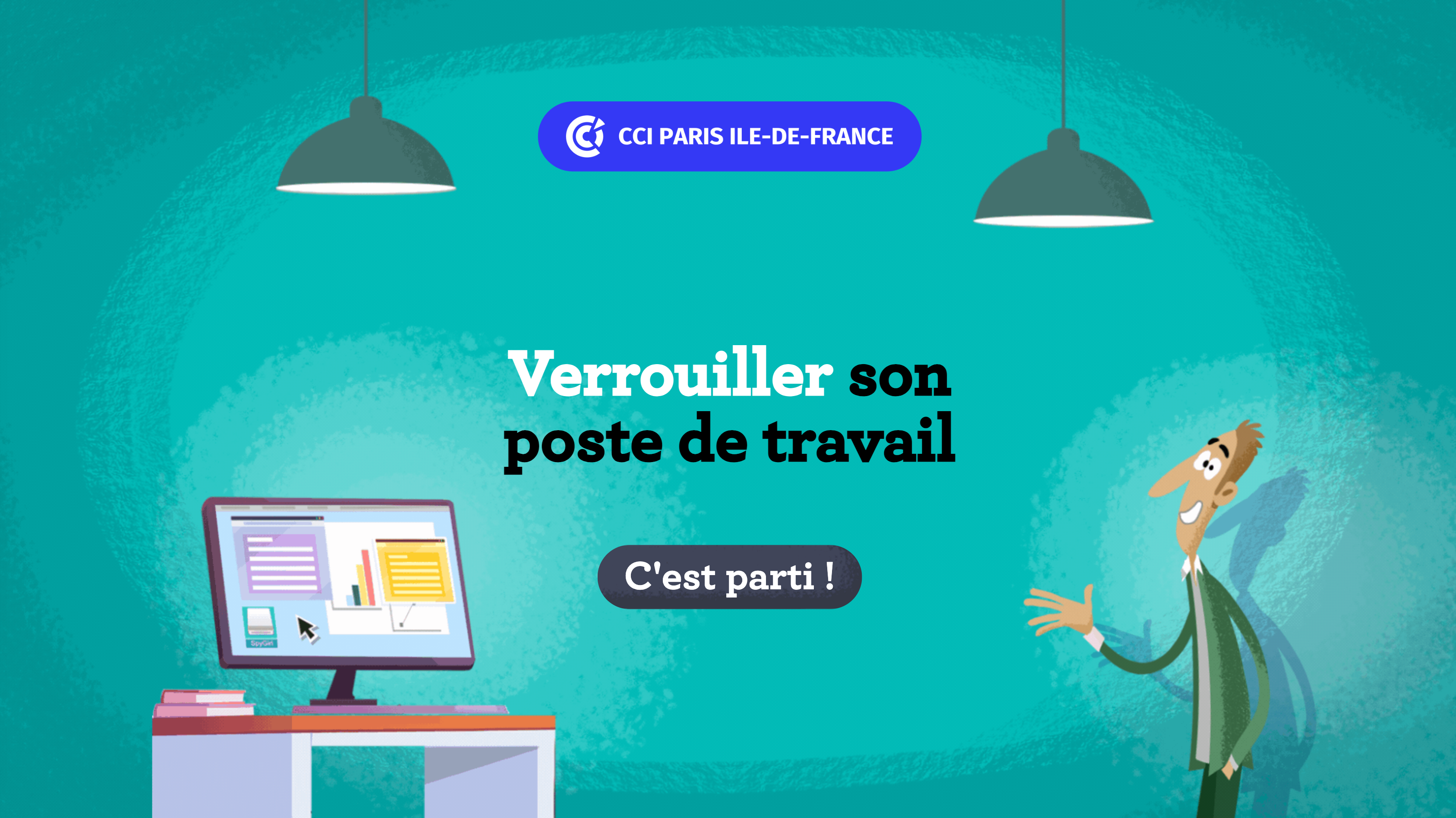 Illustrations d'un personnage devant un écran avec le texte "verrouiller son poste de travail"