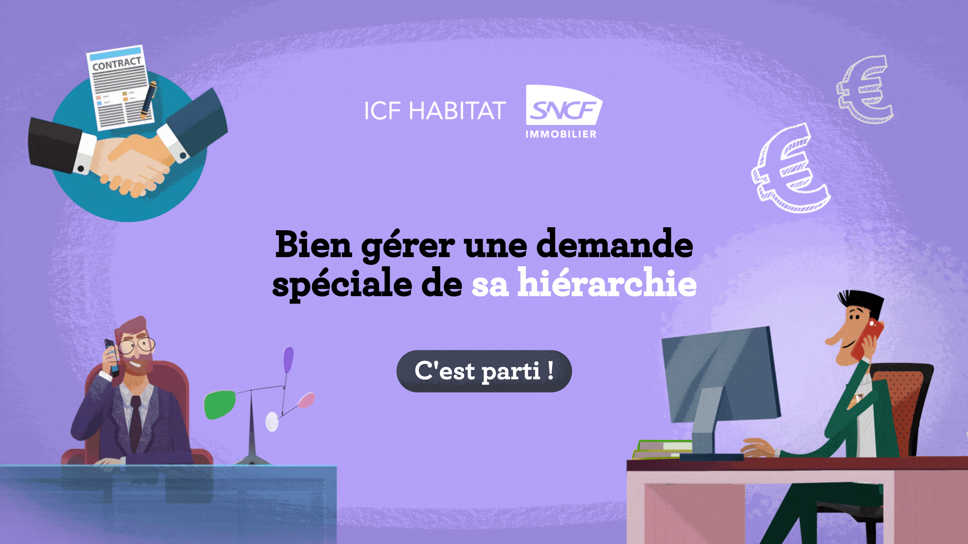 Illustrations de deux personnages travaillant à leur bureau avec le texte "bien gérer une demande spéciale de sa hierarchie"