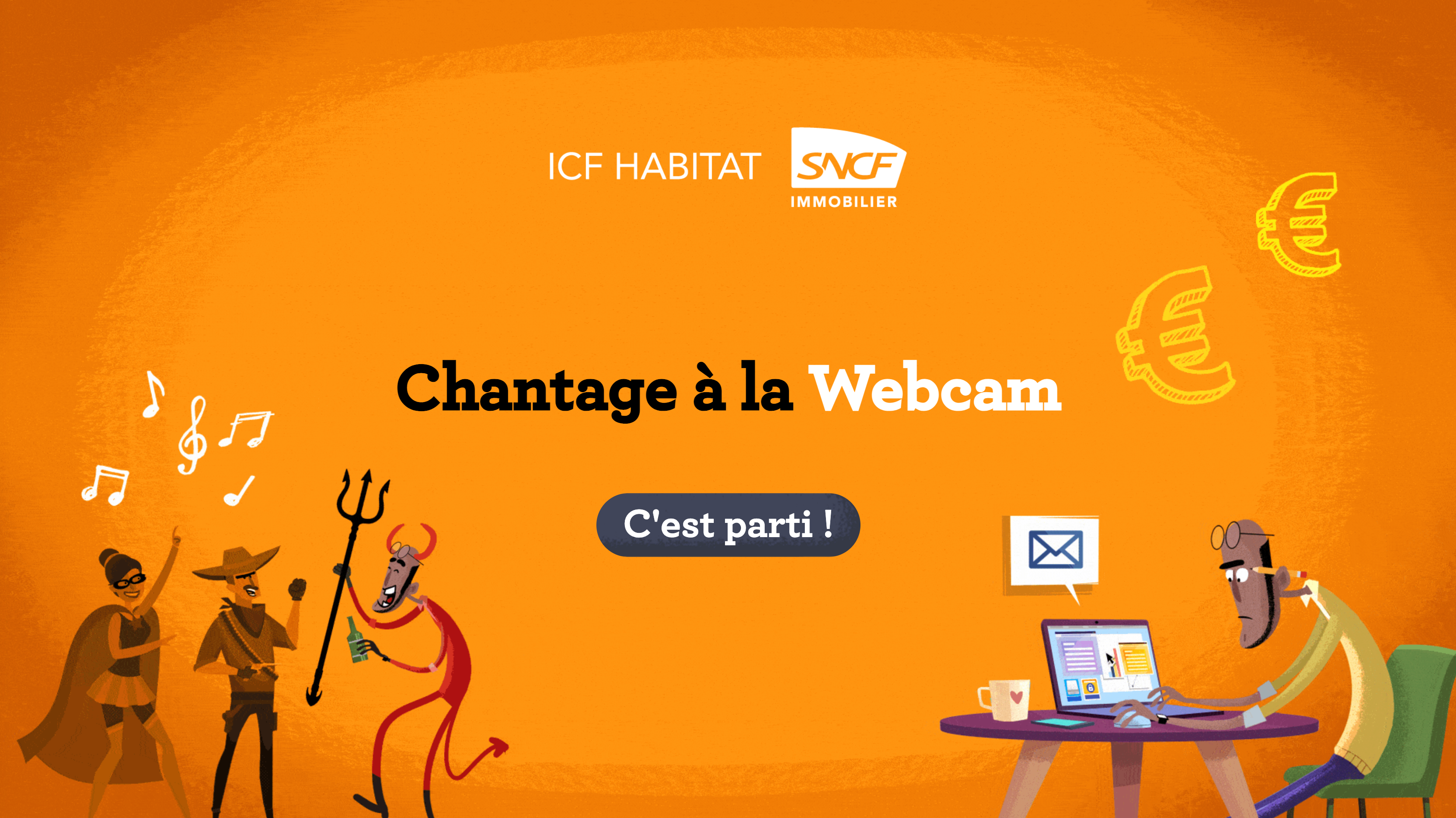 Illustrations de trois personnages méchants et un personnage victime de chantage avec le texte "chantage à la webcam"