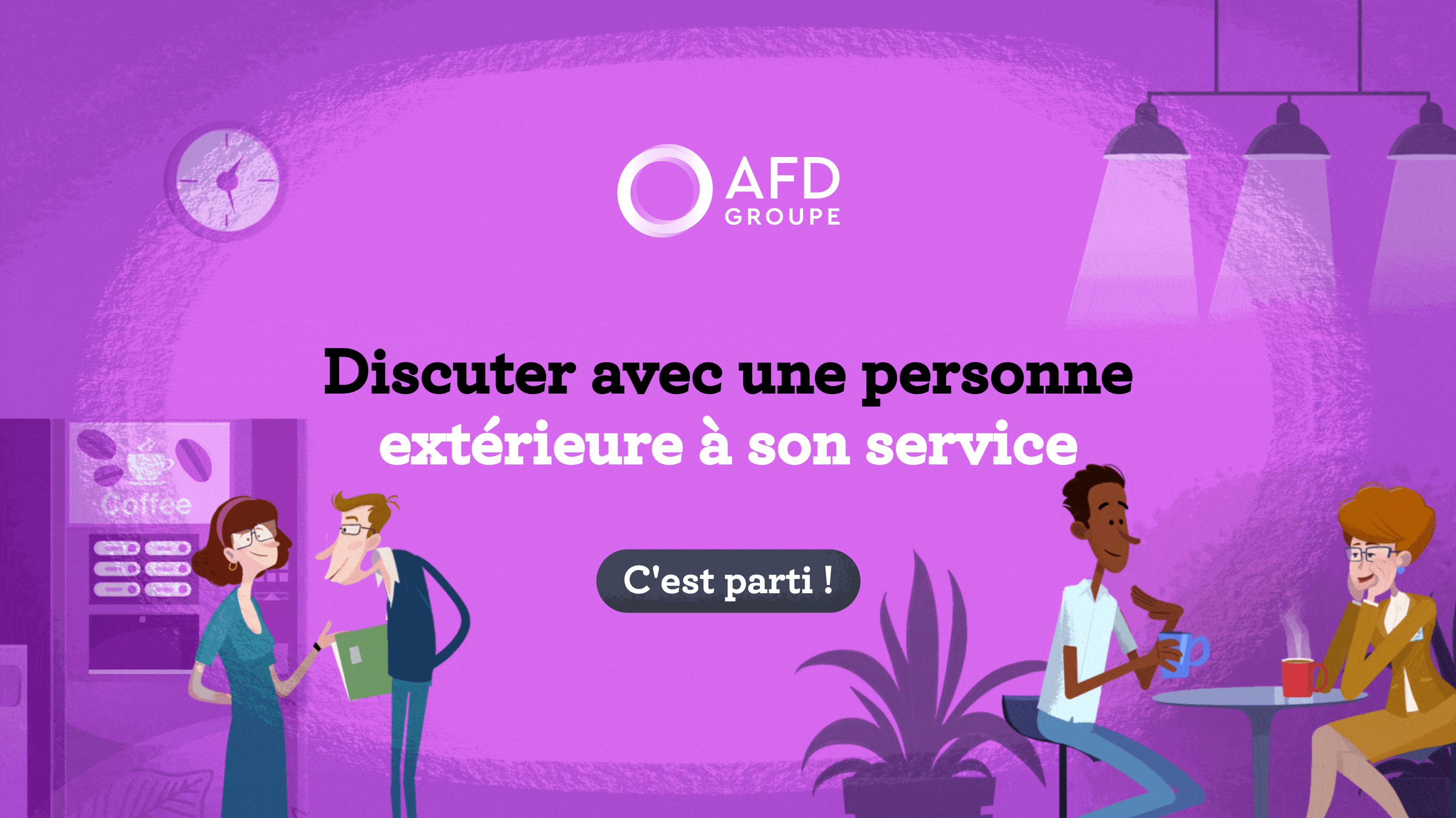 Illustrations de quatre personnages, deux discutent devant la machine à café et deux autres autour d'une table, avec le texte "discuter avec une personne extérieure à son service"