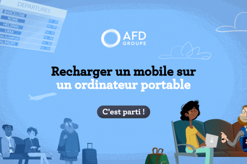 Illustration de deux personnages rechargeant leurs appareils électroniques, avec le texte 