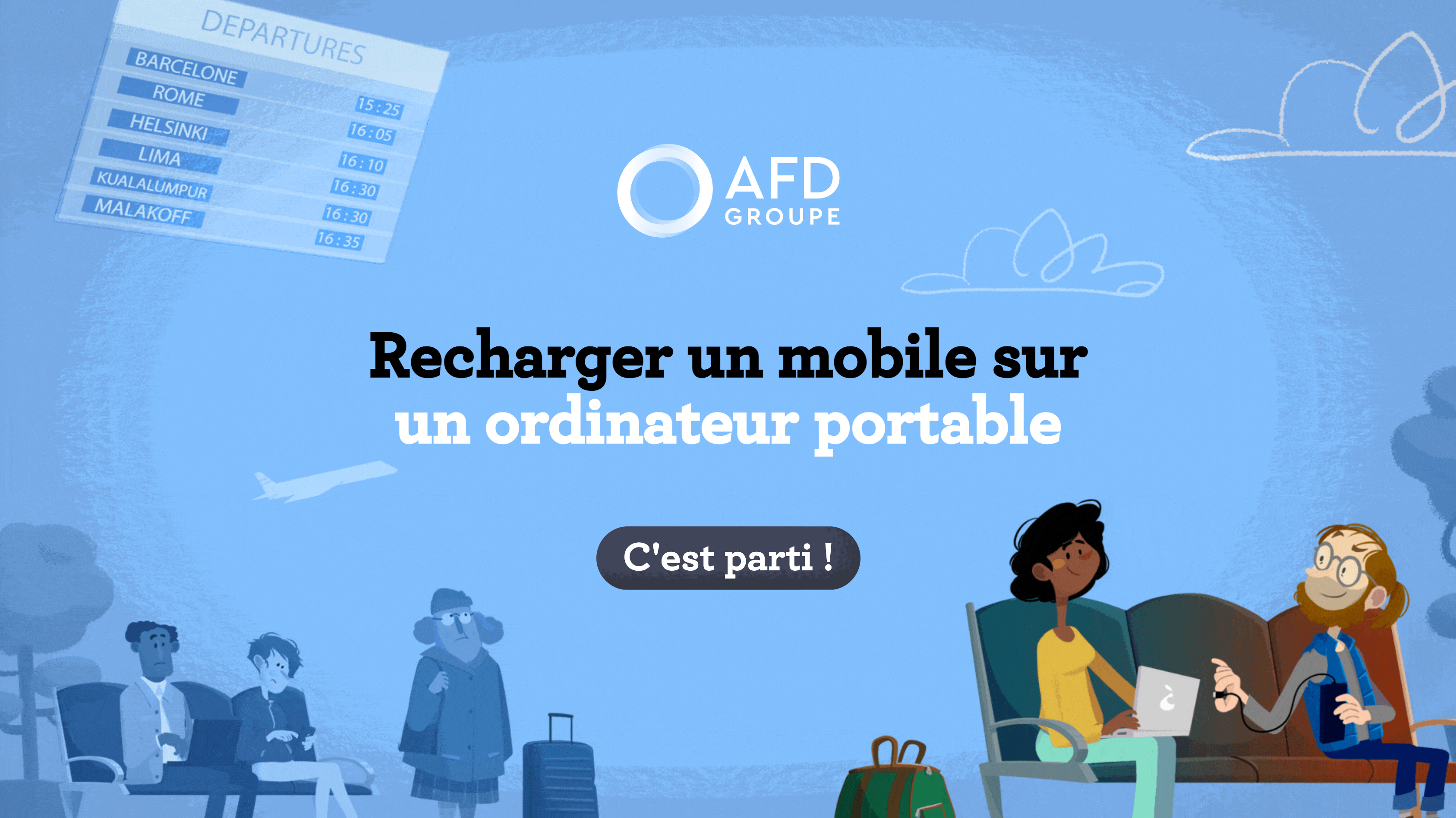 Illustration de deux personnages rechargeant leurs appareils électroniques, avec le texte "recharger un mobile sur un ordinateur portable"