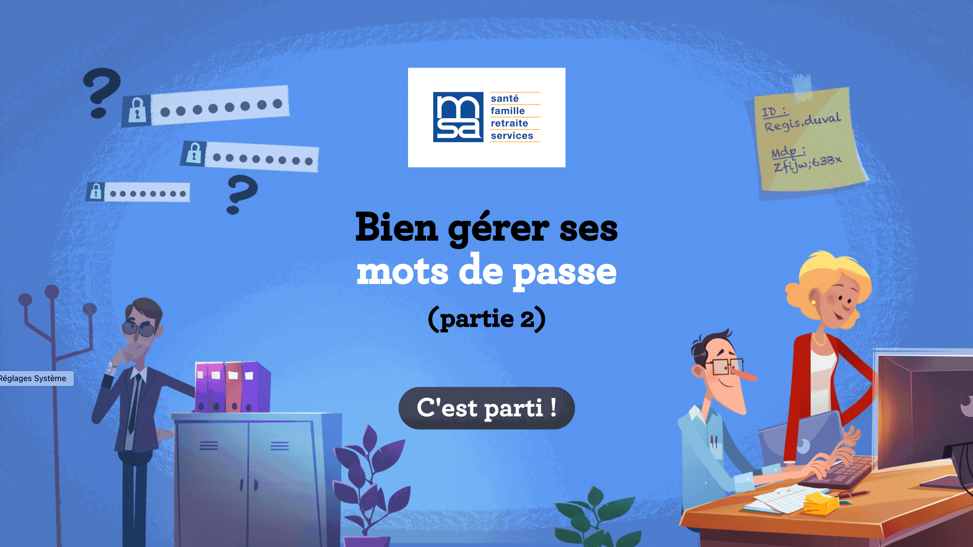 Personnages travaillant sur la gestion des mots de passe sécurisés dans un environnement professionnel.