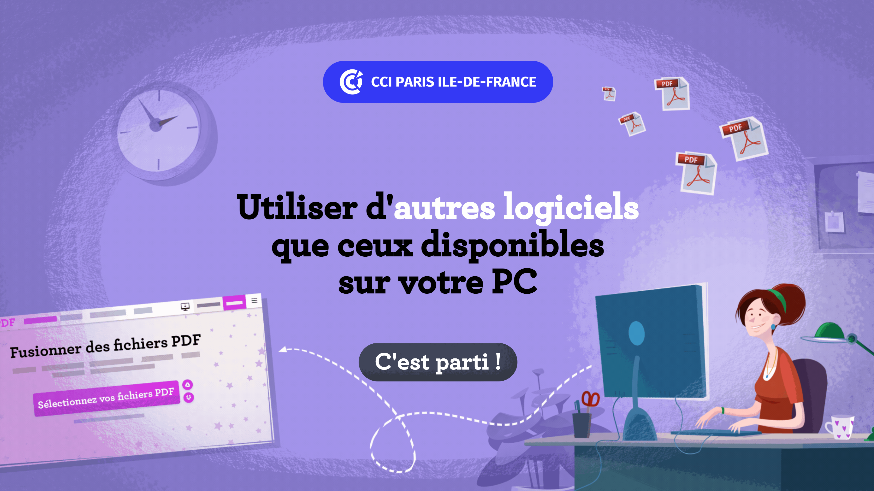 Personnage derrière son ordinateur avec le texte 'utiliser d’autres logiciels que ceux disponibles sur votre PC'.