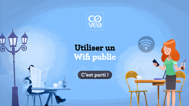 Illustration d'un personnage utilisant le wifi public dans un café avec le texte "utiliser un wifi public"