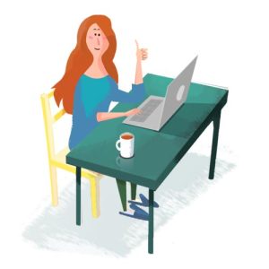 Illustration : une femme remerciant avec un pouce levé devant son ordinateur Illustration d’une femme remerciant avec un pouce levé devant son écran
