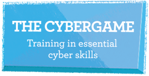 fond bleu avec texte "le cybergame former aux gestes essentiels"